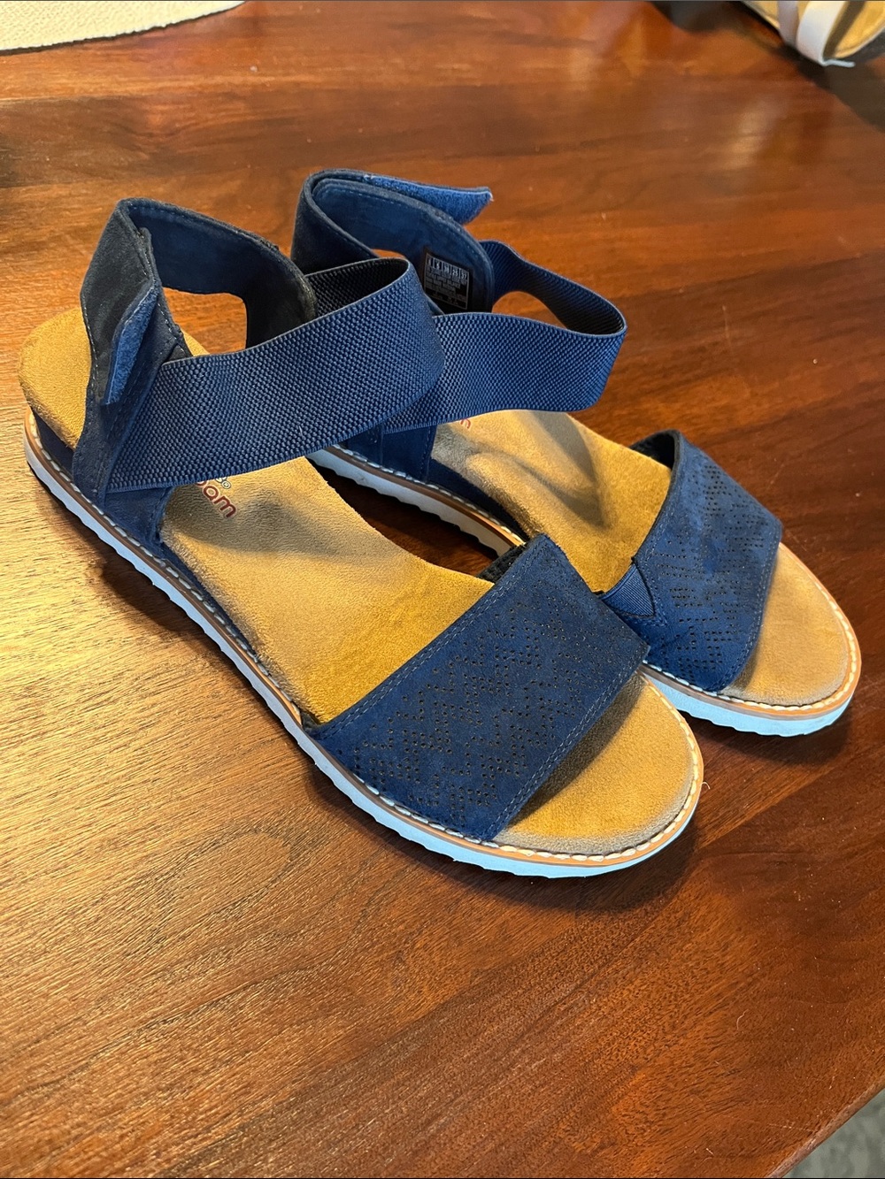 BOBS from Skechers Navy and Tan Elastic Strap Sandals